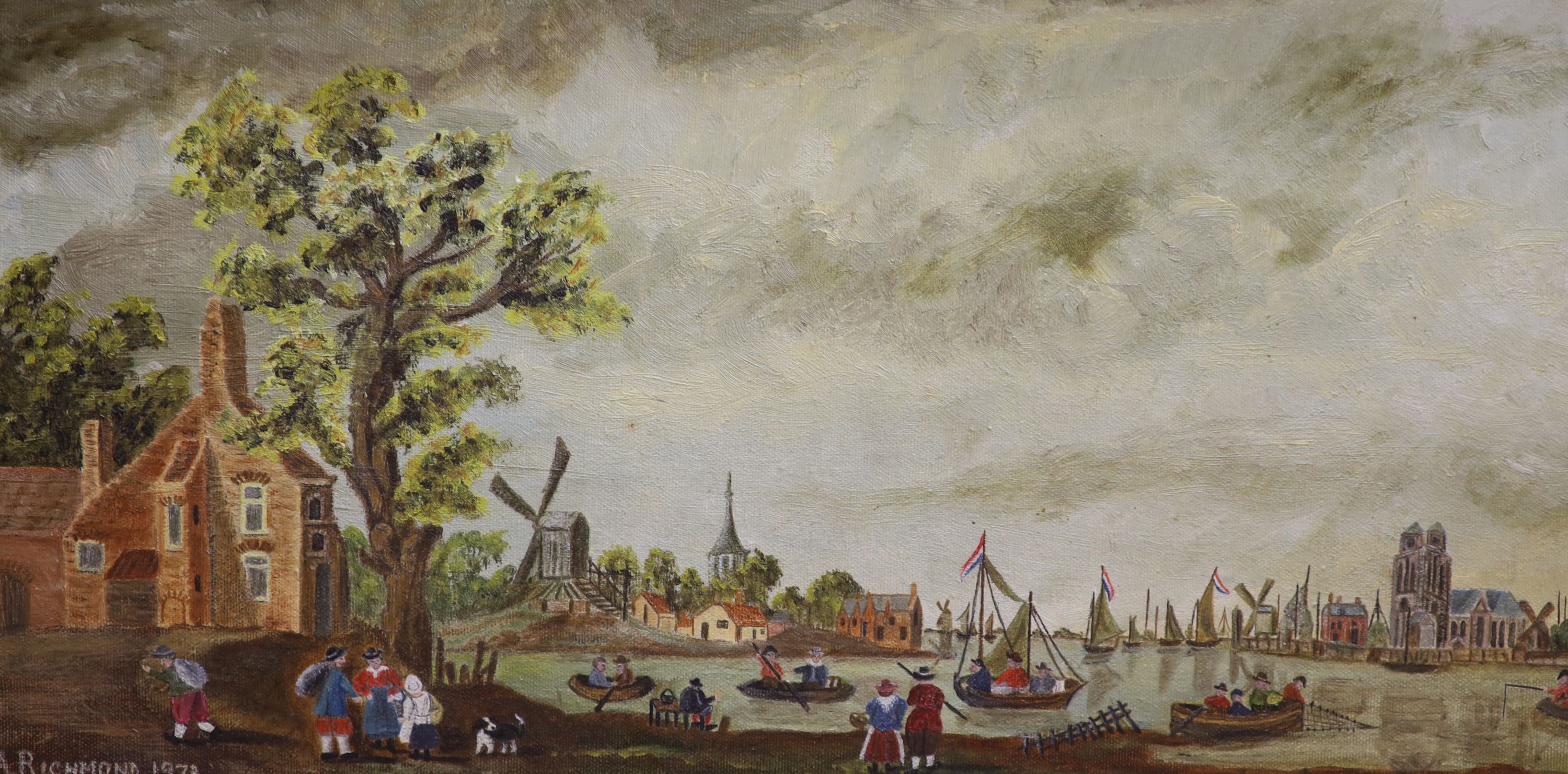 B.A. Richmond, oil on canvas, 17th century style Dutch river landscape, 30 x 60cm, an oil of a riverside church, c.1900 and a small watercolour of a cottage